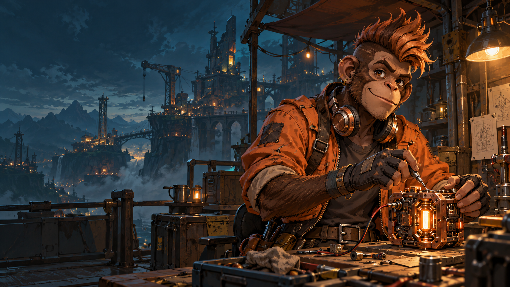 Painted ape hacker in an orange jacket assembling experimental circuitry above an industrial night city