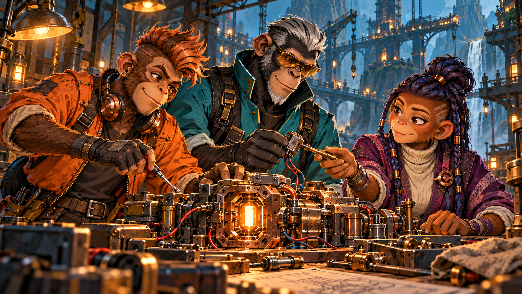 Original concept artwork of ape builders working together on connected project modules