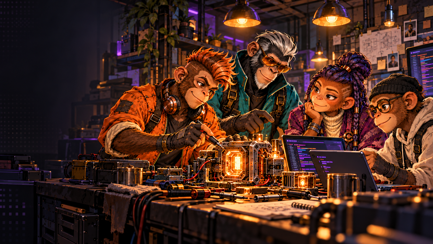 Four original ape builders collaborating on a working prototype in a hacker clubhouse